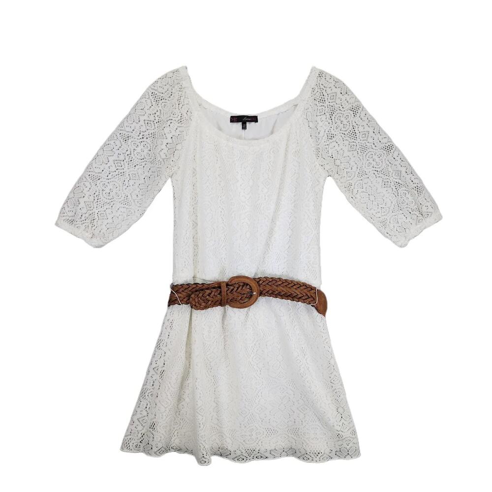 Heart‎ Soul Women's M White Lace Dress w/ Braided Faux Leather Belt Boho Country
